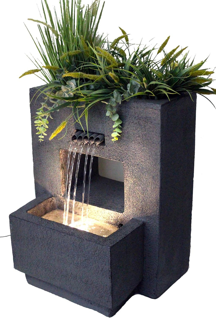 Gartenbrunnen mit Beleuchtung bepflanzbar Betonoptik 57 cm Springbrunnen Wasserspiel warmweiss Kaska