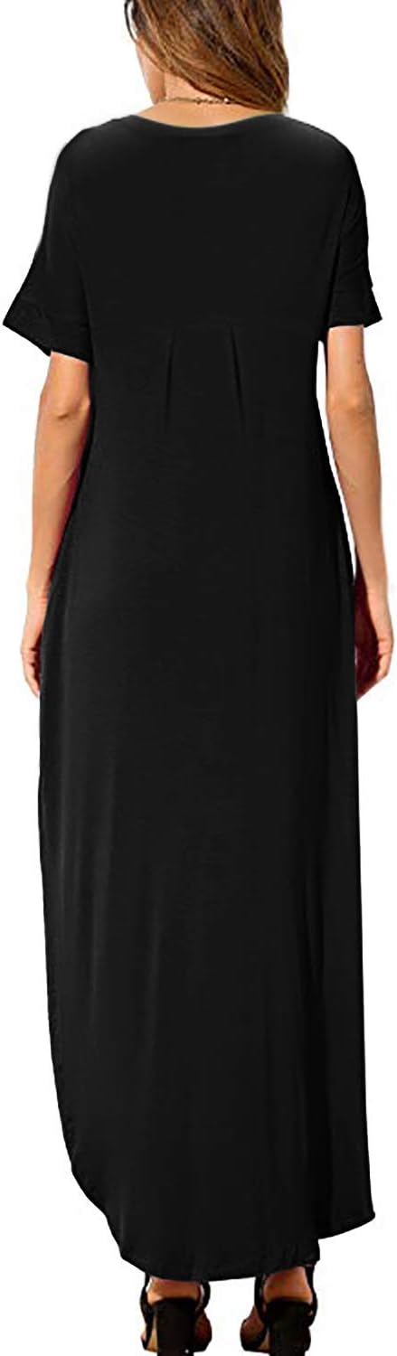 HUSKARY Damen-Sommer-Maxikleid, lässig, lockere Taschen, langes Kleid, kurze Ärmel, geteilt Schwarz