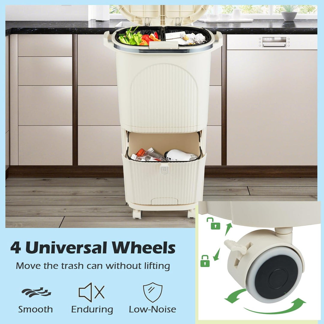 LIFEZEAL 38L / 42L Mülleimer auf Rädern, Abfalleimer mit 3 Fächern & Deckel, Tretmülleimer mit Griff