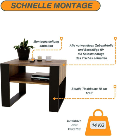 CraftPAK Wohnzimmer Tisch für Couch aus hochwertigem Holz, Stabiler & moderner Couchtisch mit zusätz