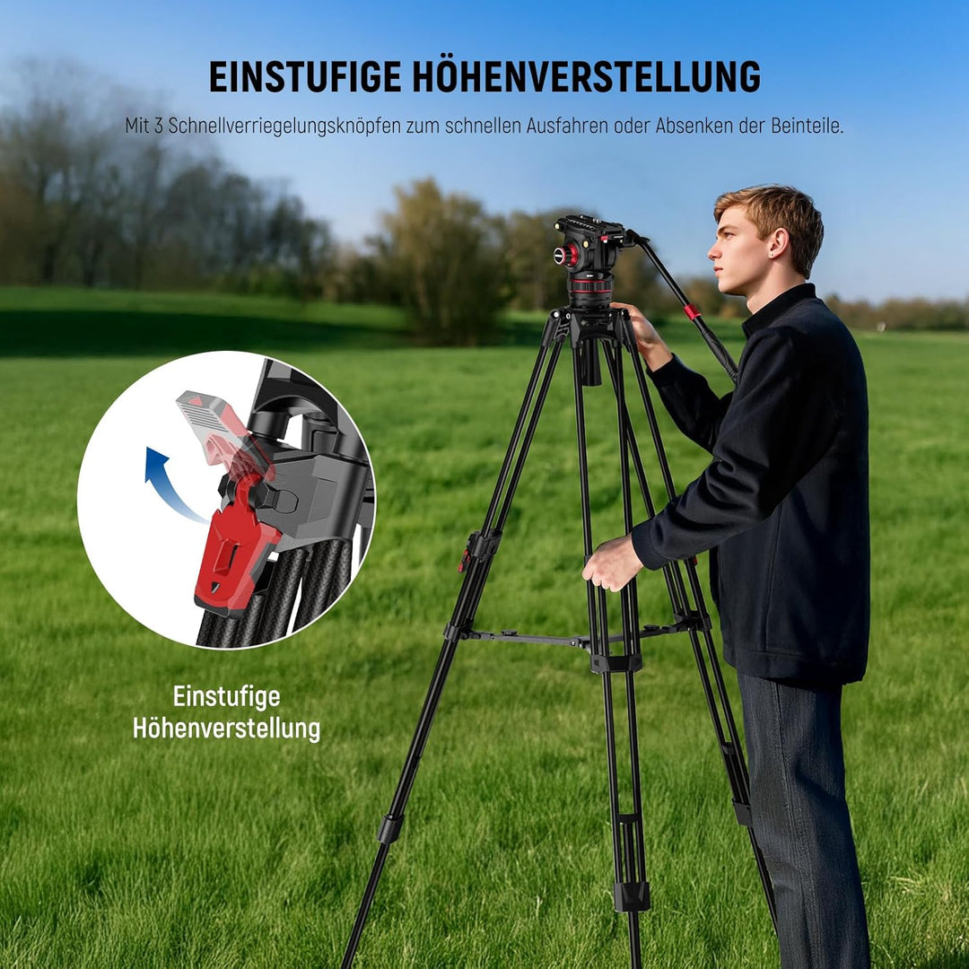NEEWER 78" Kamera Videostativ aus Carbonfaser mit dämpfendem, Fluidkopf, One Step Schnellverschluss,