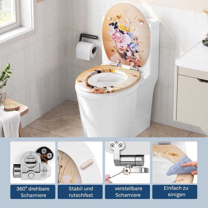 WOLTU Toilettendeckel mit Absenkautomatik MDF, Toilettensitz Klodeckel Klobrille WC Sitz O-Form mit