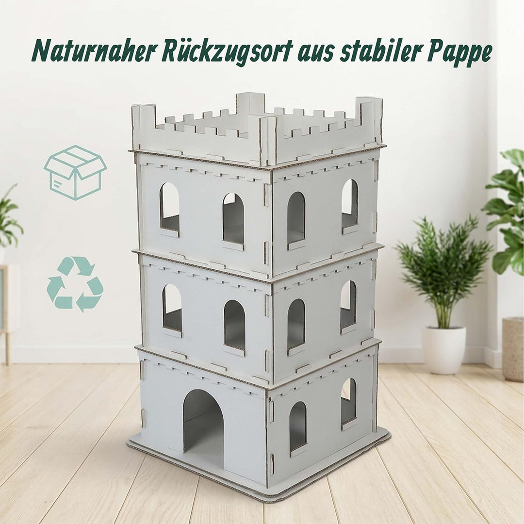Relaxdays Katzenburg, 3 Etagen, Katzenschloss, Papphaus zum Bemalen, Stecksystem, HBT: 107,5x62x62 c