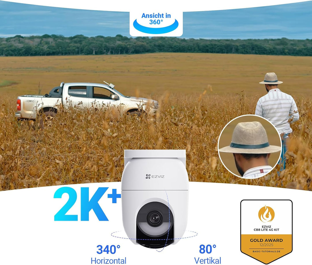 EZVIZ 4G LTE Überwachungskamera Aussen Solar, mit SIM Karte Slot, 360° PTZ Kabellose Kamera ohne WLA