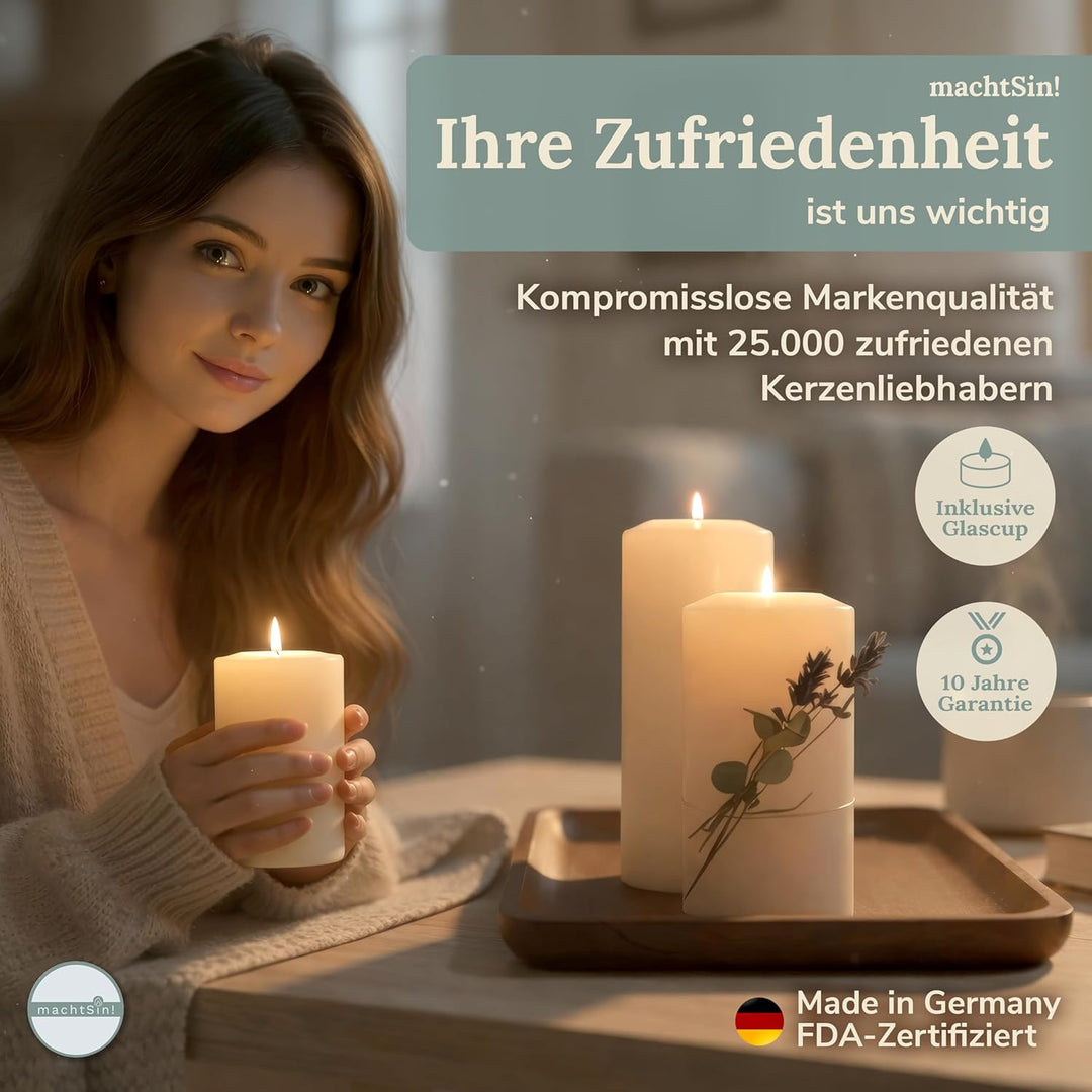 machtSin! Teelichthalter in Kerzenoptik warmweiss – ∅ 8cm, Höhe 18cm: Dauerkerze Stumpenkerzen aus s