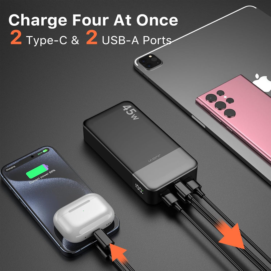 JUOVI Power Bank, 20000mAh 45W Tragbares Ladegerät, PD3.0 QC4.0 Schnelles Laden 4-Port mit LED Anzei