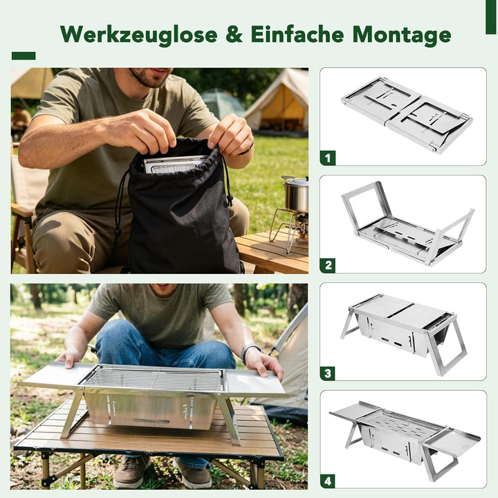 E EASTSTORM Camping Grill, Klappgrill Holzkohlegrill mit 4-stufiger Hitzeverstellung, Mini Tischgril