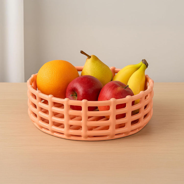 Baroni Home Mehrzweck-Korb aus Keramik, geflochten, Obstkorb, Tischdeko, Taschenleerer (rund, rosa)