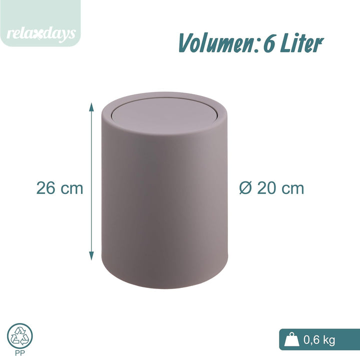 Relaxdays Kosmetikeimer, 6 Liter, mit Schwingdeckel, Inneneimer, matter Kunststoff, runder Badezimme