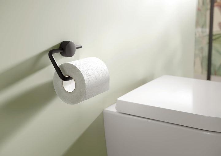 HEWI WC Papierhalter (schwarz matt pulverbeschichtet, Toilettenpapierhalter U-förmig, klappbar, Halt