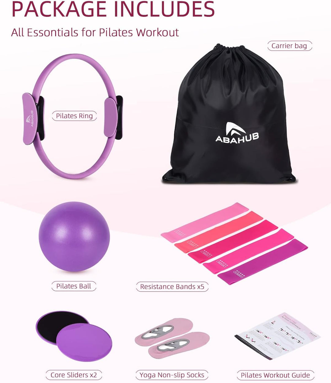 Abahub Pilates Ring Set, 35CM Magic Circle, 25CM Mini Ball,5er Set Fitnessbänder,Yoga Socken,Gleitsc