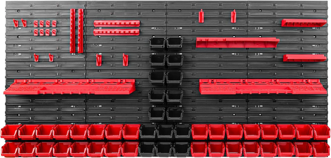 Lagersystem Werkstattregal | 156 x 78 cm | 48 stck. Box | Wandregal mit Werkzeughalterungen und Stap