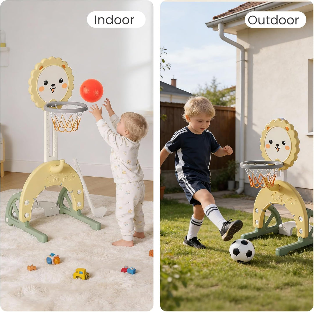 3-in-1 Kinder Basketballkorb Set, Höhenverstellbarer Basketballständer mit Fussballtor und Ringwurf,