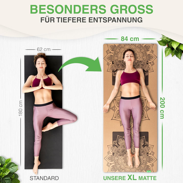 BACKLAXX ® Yogamatte Kork XXL [+50% mehr Fläche] mit Naturkautschuk - Yoga Matte nachhaltig, schadst