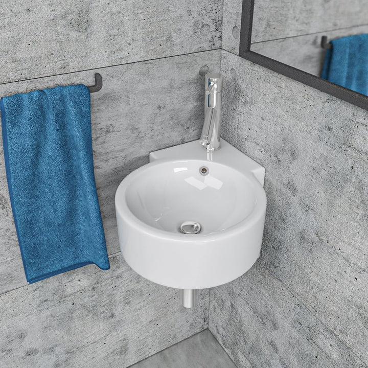 Design Eckwaschbecken Waschbecken Hängewaschbecken für Gäste WC rund weiss mit Überlauf Kbw343 Eck-r