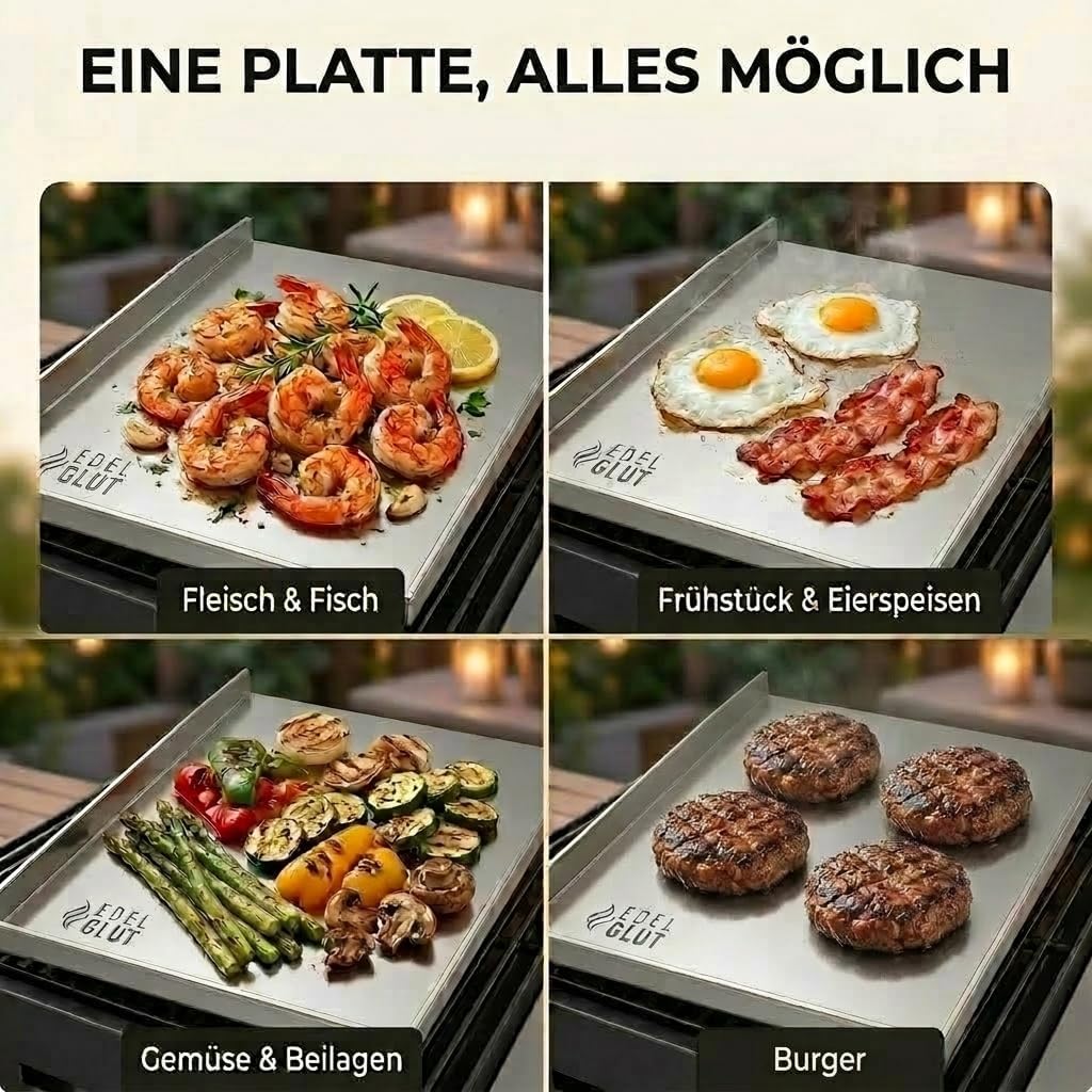 Plancha-Grillplatte-Set - 5mm Premium-Edelstahl-Grillplatte inkl. Burgerpresse, Grillspachtel, Burge