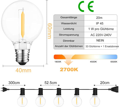 Heinstian LED Lichterkette Aussen Strom, 20M Lichterketten mit 33+1 Warmes Gelb G40 Glühbirnen Anti-