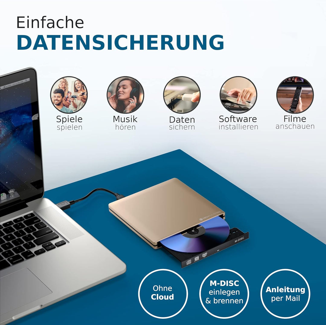 techPulse120 externer DVD CD M-Disc USB 3.0 Type C Brenner Writer Alu Champagner Gold Burner Superdr