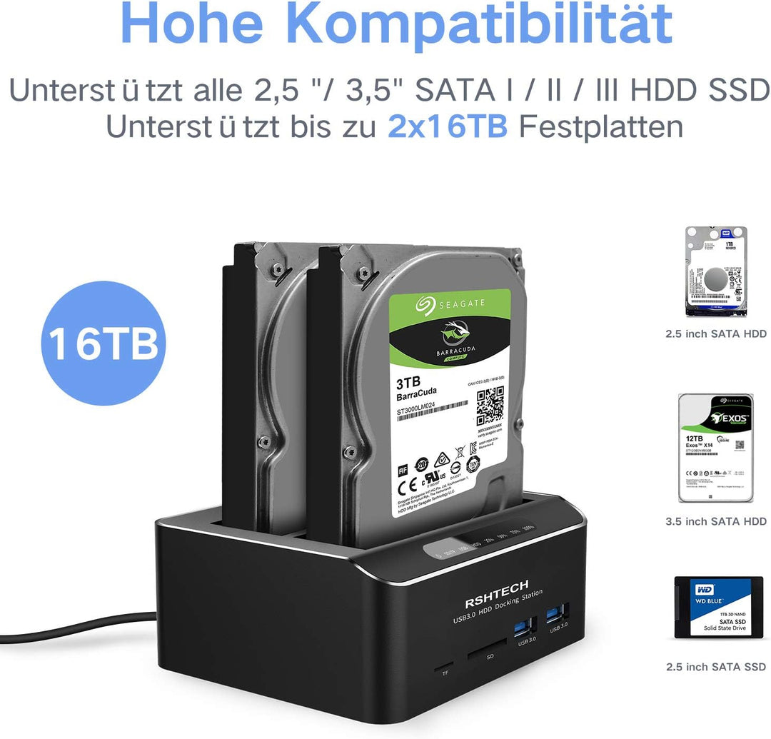Dualschacht Festplatten Docking Station, RSHTECH USB 3.0 Aluminium Festplatten Dockingstation Offlin