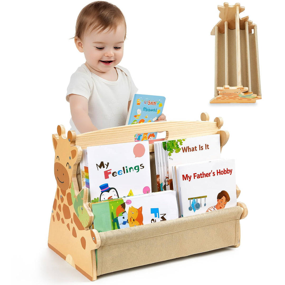 MHJY Bücherregal Kinder, doppelseitiges Holzregal mit robusten Canvas-Taschen, Montessori Stil, trag
