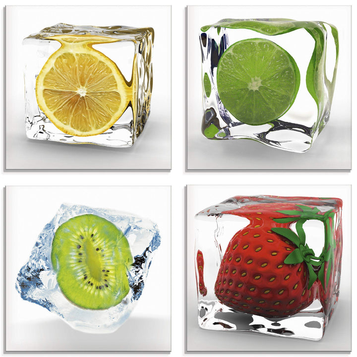 ARTland Glasbilder Wandbild Glas Bild Set 4 teilig je 40x40 cm Quadratisch Früchte im Eiswürfel Obst