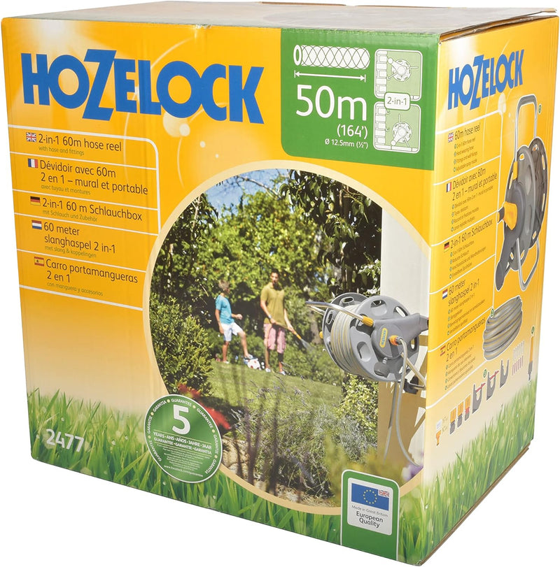 Hozelock 60 m 2-in-1-Schlauchbox mit 50 m Schlauch, grau/gelb, 35x46x55.8 cm, 2477R0000, 1