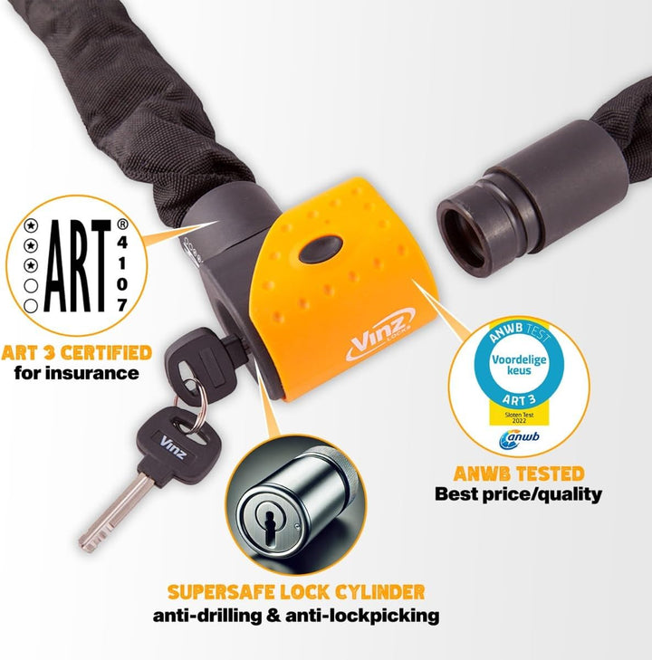 VINZ Jannu Kettenschloss ø10mm | ART 3 Zertifikat | Schloss für Roller E-Scooter Motorrad Moped E-Bi