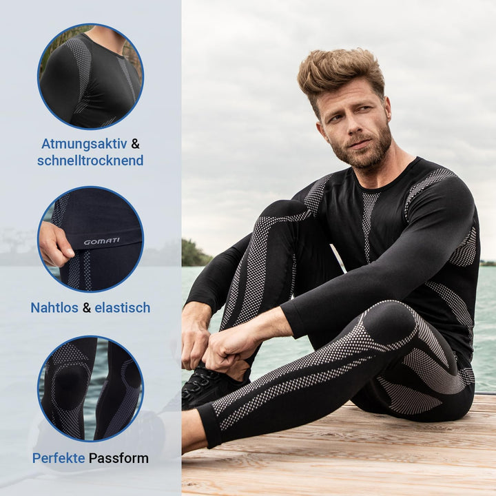 Celodoro Herren Thermo Unterwäsche Set seamless Funktionswäsche schnelltrocknend S-M Schwarz / Grau,