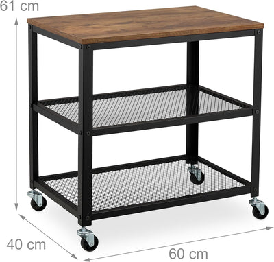 Relaxdays Rollwagen, 3 Ablagen, Industrial Design, HBT: 61x60x40 cm, Küchenwagen mit Rollen, Stahl &