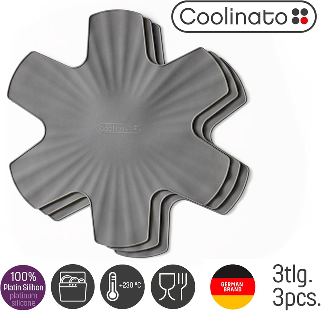 Coolinato 3er Set Pfannenschoner aus Silikon, 35 cm, grau, Topfuntersetzer, Pfannenschutz Stapelschu