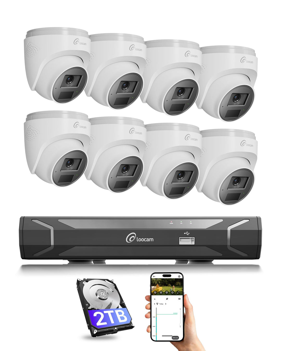 Loocam PoE überwachungskamera Aussen Set 8-Kanal NVR, 8 Stück 4MP POE Kamera Outdoor, KI-Bewegungs-