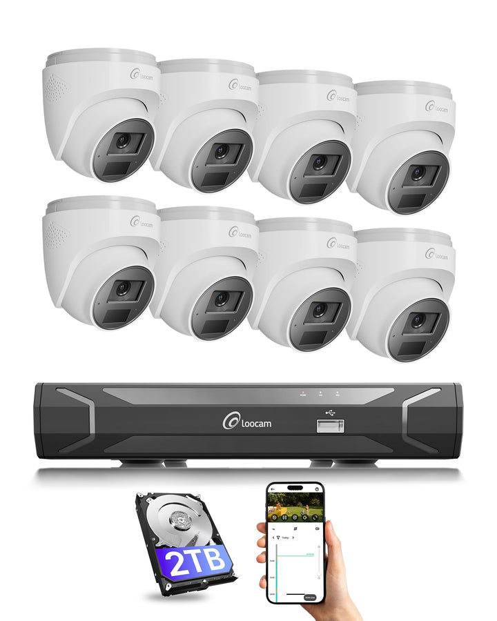 Loocam PoE überwachungskamera Aussen Set 8-Kanal NVR, 8 Stück 4MP POE Kamera Outdoor, KI-Bewegungs-