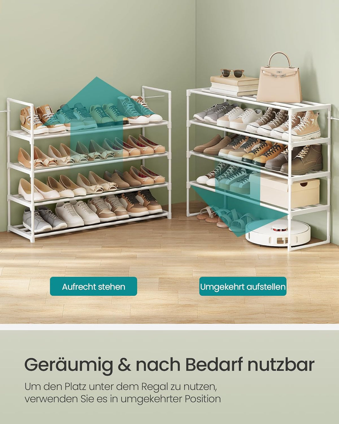 SONGMICS Schuhregal 4 Ebenen, Schuhständer Metall, Schuhaufbewahrung, Schuh-Organizer, aufrecht oder