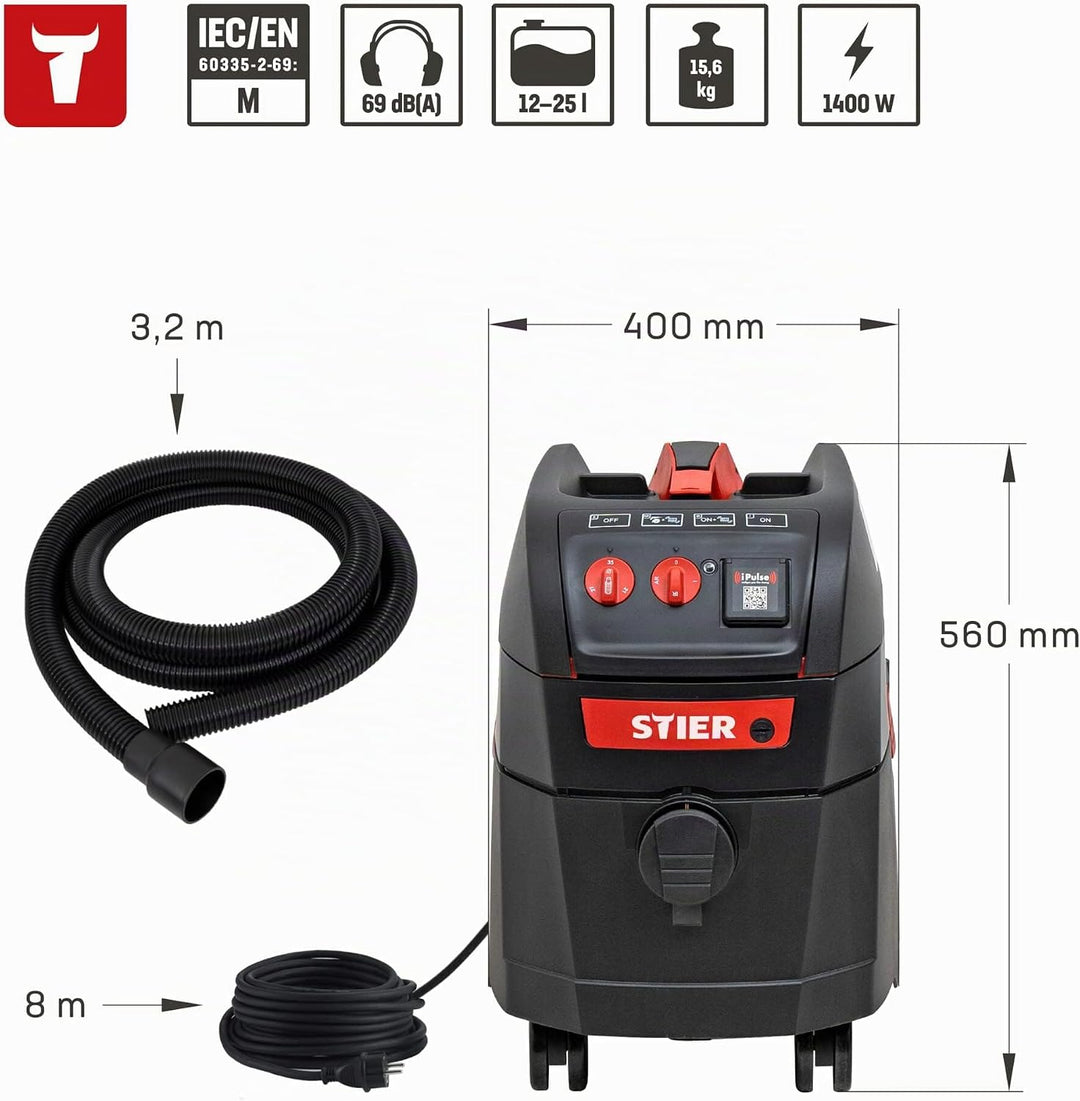 STIER Nass-Trockensauger ABS-35M Premium, 1400W, 35l Behälter, 13m Aktionsradius, Impuls-Filterabrei
