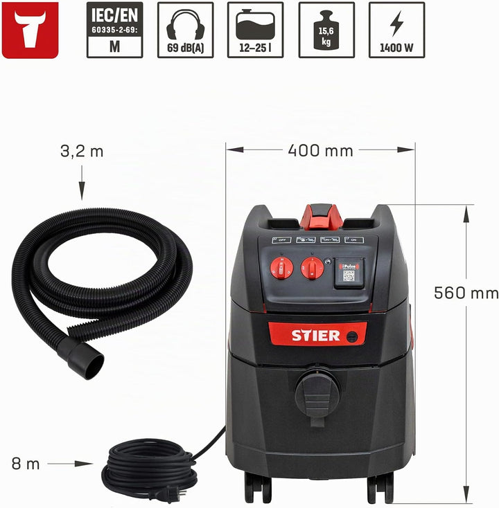 STIER Nass-Trockensauger ABS-35M Premium, 1400W, 35l Behälter, 13m Aktionsradius, Impuls-Filterabrei