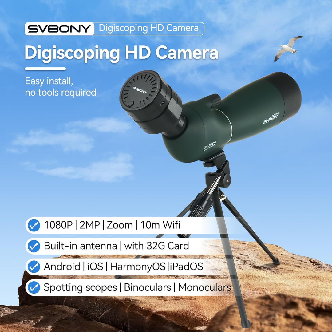 Svbony SV28 25-75x70 Spektiv mit SC002 WiFi Spektiv Kamera, Stativ, HD BAK4 Prisma FMC Handy Adapter