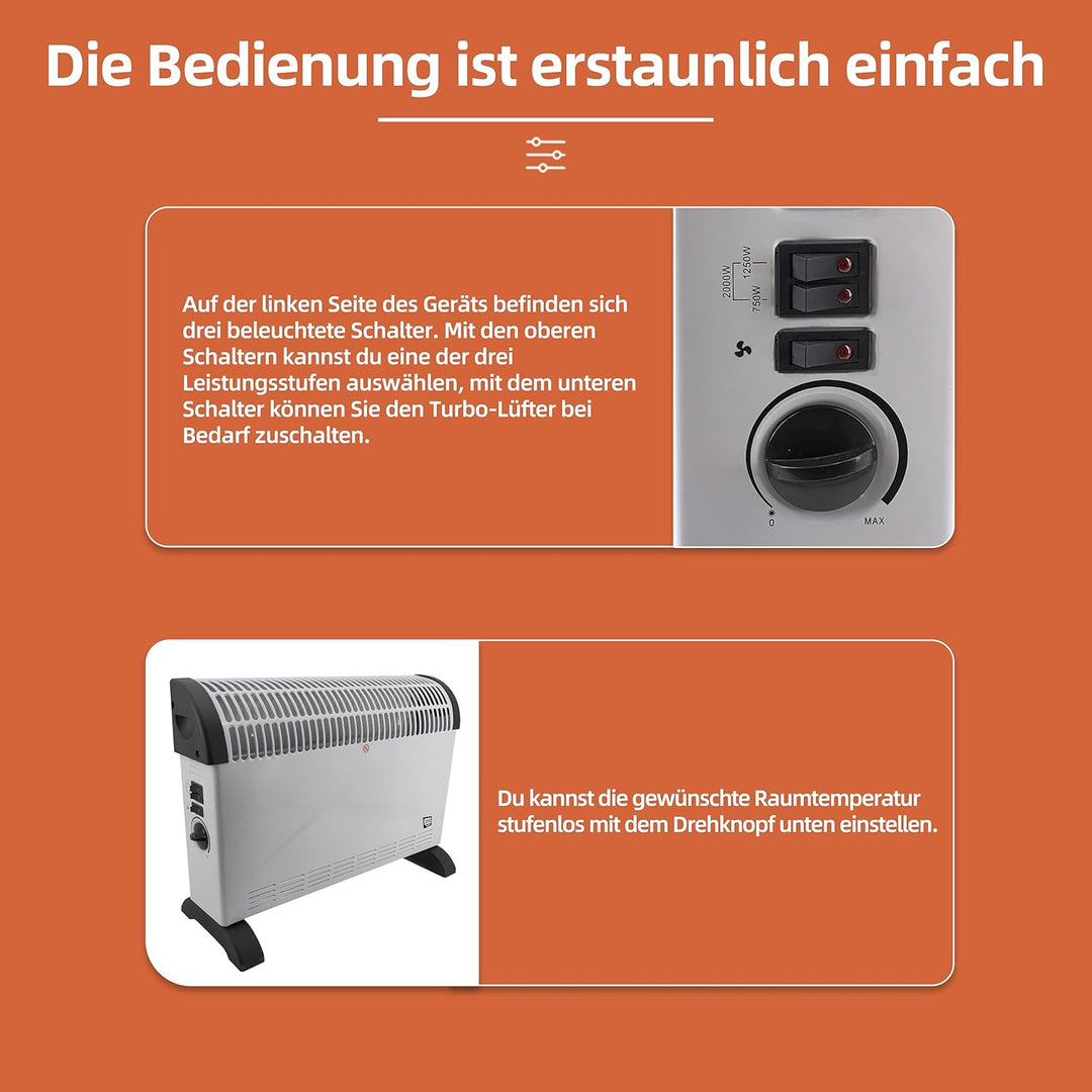 SHX Konvektorheizung mit Turbo-Heizlüfter 2000W SHX08TKV2000 – Heizkörper mit 2000 Watt, Sicherheits