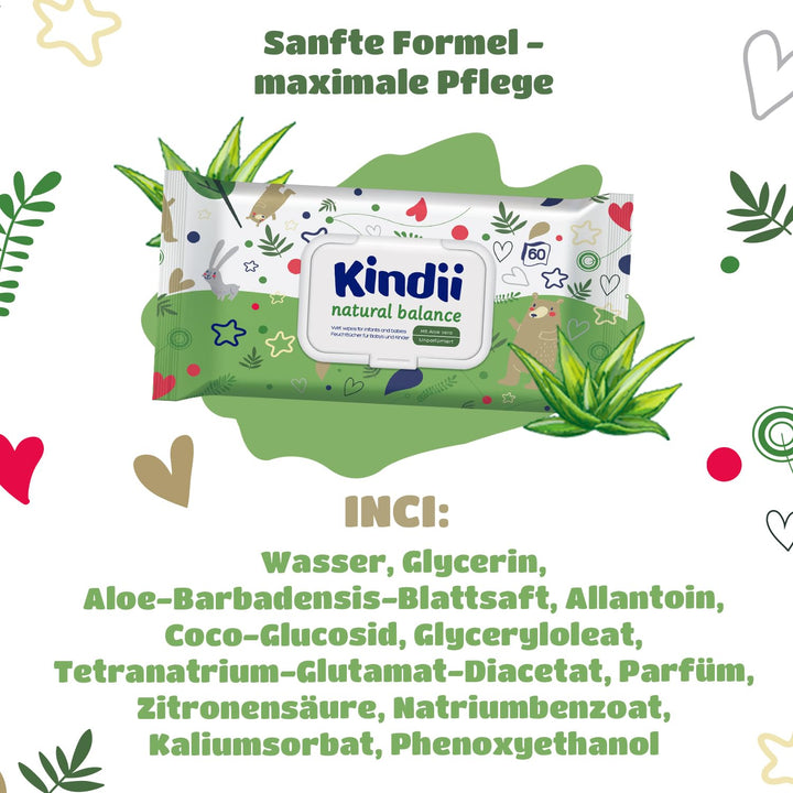 Kindii Natural Balance Feuchttücher – (12x60 Stück) Feuchttücher für Babys und Kinder – Aloe Vera, s