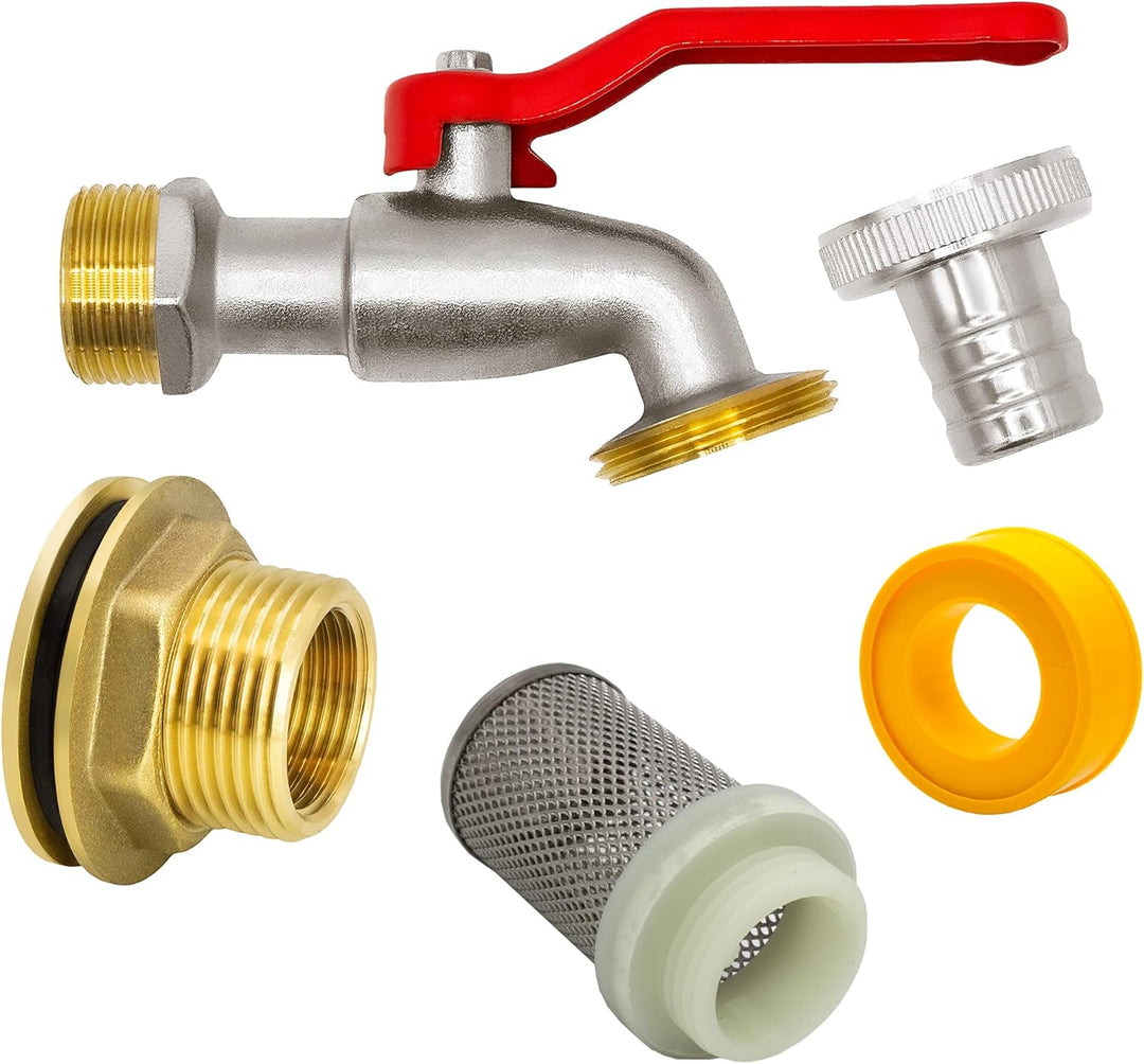 VARIOSAN Regentonnendurchführung + Kugelauslaufhahn + Saugkorb Set 14719, 3/4", Messing 3/4" + Ausla