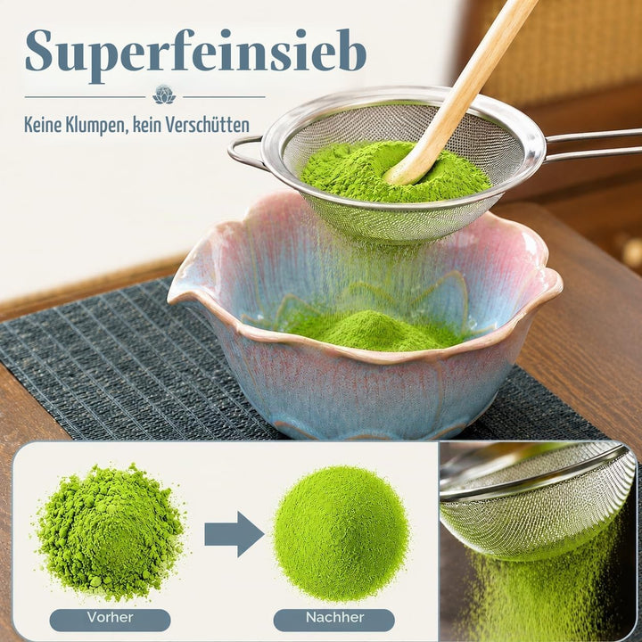 Matcha Set 5-teilig, Matcha Schale mit Ausgiesser in Blumenform Blau Rosa, Chasen, Bambusbesen, Chas
