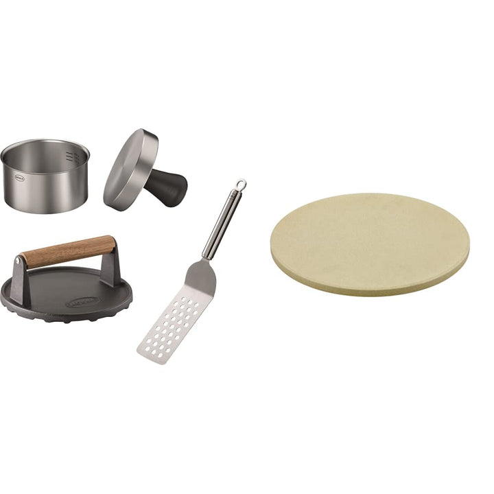 RÖSLE Barbecue Burger-Set 3-TLG Hochwertiges Burger-Set mit Burgerpresse Pro & Vario Pizzastein Hoch