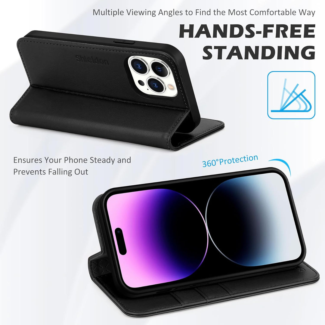 SHIELDON Hülle für iPhone 14 Pro Max Handyhülle TPU [Echtleder] [Kartenfach] [Magnet] Standfunktion