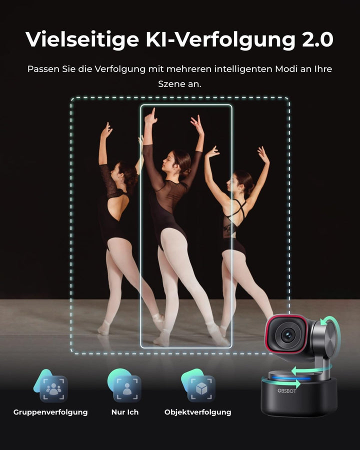 OBSBOT Tiny 3 KI-Webcam 4K mit Spatial Audio, AI Tracking PTZ Kamera, 1/1,28" Sensor, Tri-Mic, Sprac