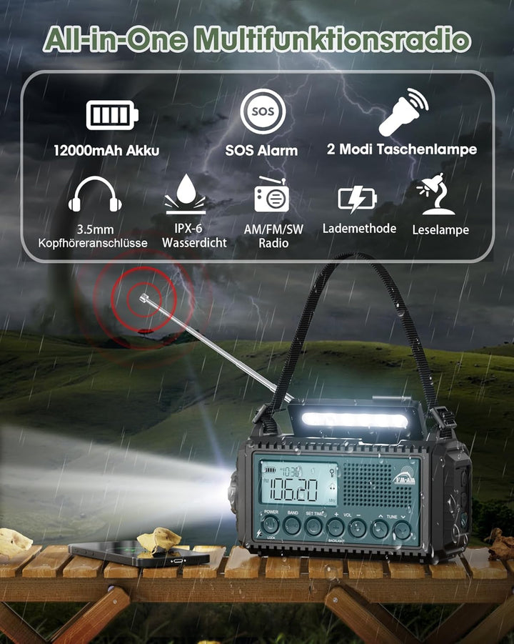Roxicosly Kurbelradio, Notfallradio mit 12000 mAh Power Bank, AM/FM/SW Baustellenradio, Kurbel & 5-W