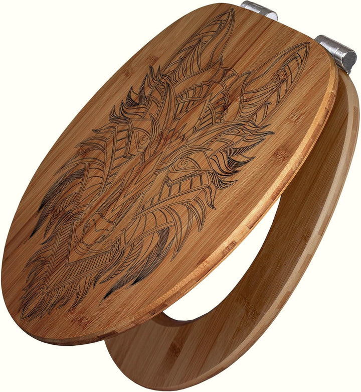 banjado® Hochwertig gravierter Design WC Sitz Bambus Absenkautomatik Wolf/Toilettendeckel mit Absenk