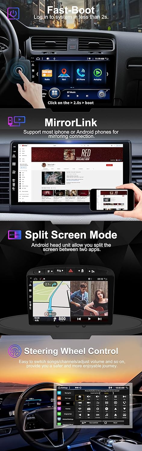 SXAUTO Android 12 IPS Autoradio für Peugeot 308/408 (2010-2016) - Eingebaut Carplay/Android Auto/DSP