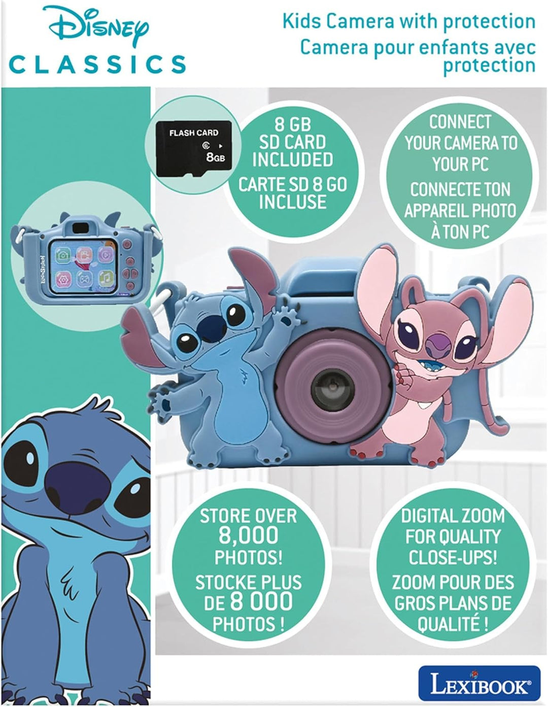 Lexibook, Disney Stitch, 4-in-1 Kamera für Kinder mit Schutz, Foto-, Video-, MP3- und Spielfunktione
