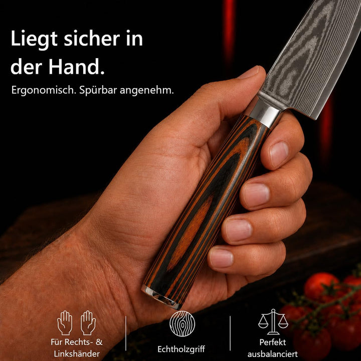 Wolfblood Damastmesser Santoku Messer L(24cm) Profi-Kochmesser aus 67 Lagen Damaststahl und VG10 All