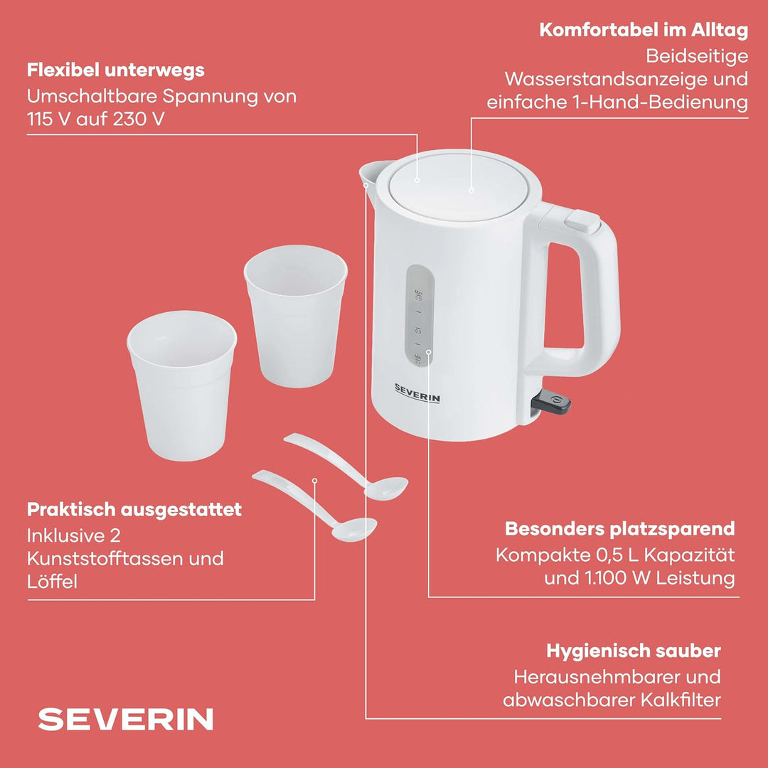 SEVERIN Reise-Wasserkocher-Set, Reisewasserkocher für 0,5 l mit umschaltbarer Spannung (115/230 V),