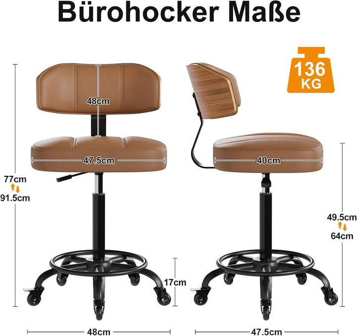Rollhocker HöHenverstellbar, Bürohocker Ergonomisch,Arbeitshocker, Drehhocker 360°,Mit Massivholz Rü
